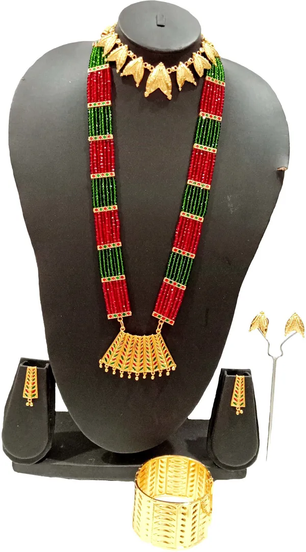 Assamese_Traditional_Gold_Plated_Red_Green_Colour_Combo_Jewellery_Set_For_Women